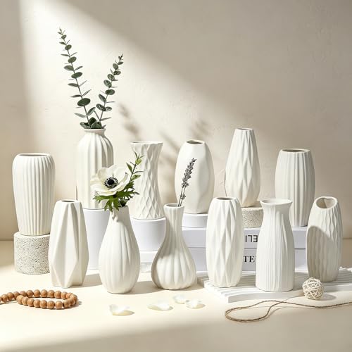 BEAHOT Ceramic Bud Vases Set of 12 - Matte Mini White Jars Bulk - Small White Ceramic Vases for Centerpieces, Wedding Floral Arrangements, DIY Crafts & Boho Table Decor (No Repeating Designs)