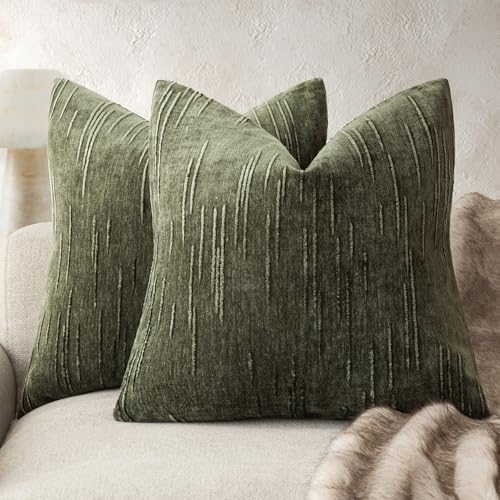 Foindtower Pack of 2 Slubby Textured Chenille Throw Decorative Pillow Covers Square Accent Solid Cushion Cover Soft Farmhouse Pillow Case for Couch Sofa Bedroom Living Room 20x20 Inch,Dark Olive Green