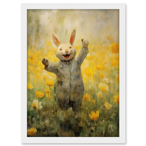 Artery8 Tulips and Rabbit Watercolour Fun Kids Baby Nursery Artwork Framed A3 Wall Art Print