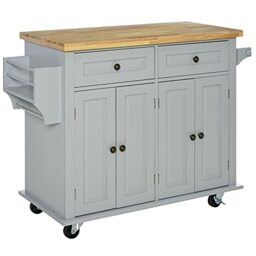 HOMCOM Rolling Kitchen Island Storage Trolley with Rubber Wood Top & Drawers for Dining Room, Grey