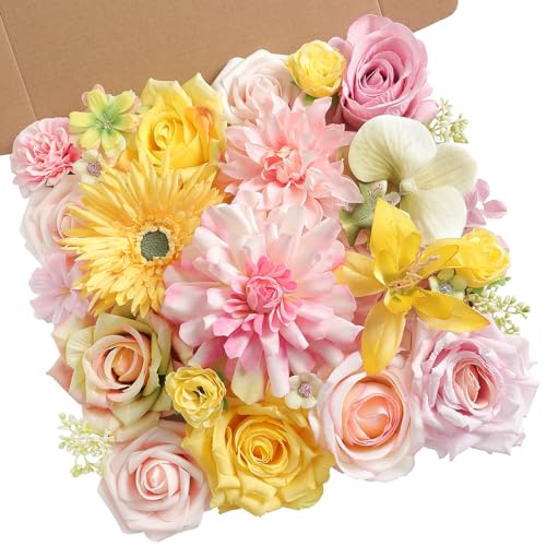 rongflower Yellow Pink Artificial Flowers Combo Set Fake Flower Leaf Box with Stemst for DIY Wedding Bridal Bouquet, Centerpieces, Home Decor, Floral Arrangement Decor