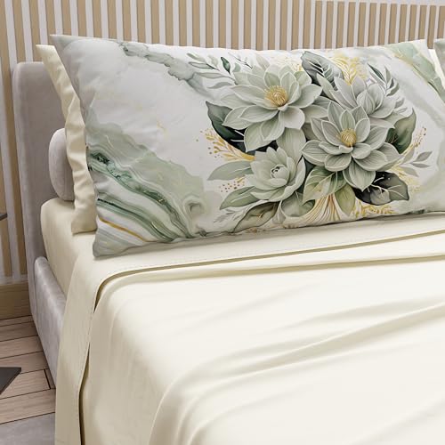 PETTI Artigiani Italiani - Cotton Sheets with Pillowcases in Digital Print, French Double Sheet, Floral Bedding Set with Cream Sage Design, 100% Made in Italy