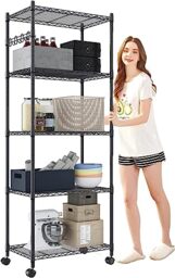 Devo 5 Tier Shelving Unit with Wheels, Height Adjustable Standing Shelf with Wheels, Pantry on Wheels, Storage Rack with Hooks for Bathroom, Kitchen, Black, 36 cm x 61 cm x 180 cm