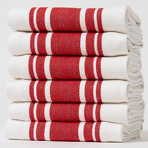 Casa De Lan Christmas Kitchen Towels Set ??? Pack of 6 (20?????? x 30??????) Extra Large Premium Cotton Dish Towels for Kitchen ??? Super Striped Towels ??? Highly Absorbent ??? 100% Cotton ??? Hanging Loop ??? Red