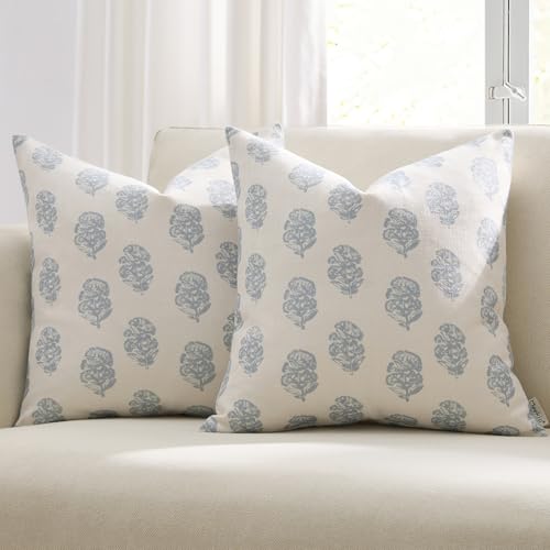Meekio Set of 2 Light Blue Floral Block Print Pillow Covers 16 x 16 inches Linen Throw Pillow Covers for Sofa Couch Decor