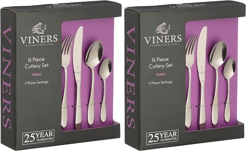 Viners Tabac Cutlery Set -18/0 Stainless Steel - Set of 16 Pieces - Silver Mirror Finish - Serves 4 - Dishwasher Safe - Gift Box (Pack of 2)