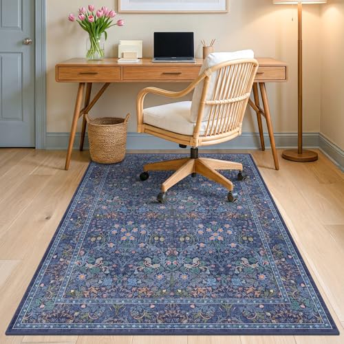 "JTJ Office Chair Mat for Hardwood Floors 36"" x 48"", Boho Under Desk Rug with Non-Slip Backing, Machine Washable Low-Pile Floor Protector for Rolling Computer Chair, 3x4 Navy Blue"