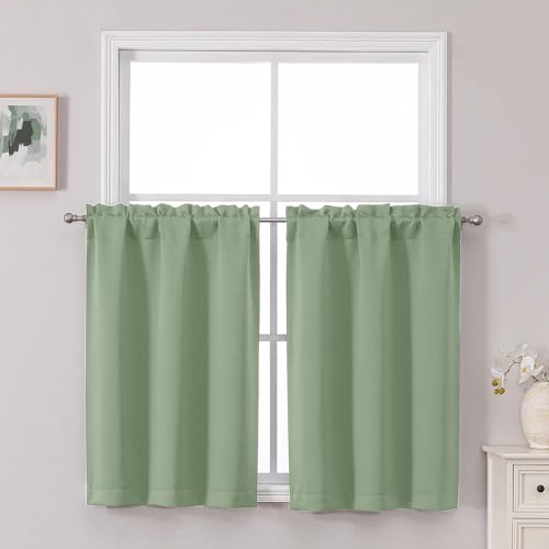 Chyhomenyc Short Blackout Curtains 36 Inch Length - Small Room Darkening Thermal Insulated Half Window Curtains for Kitchen Basement Cabinet Camper Bathroom, 2 Panels, 30Wx36L, Light Green