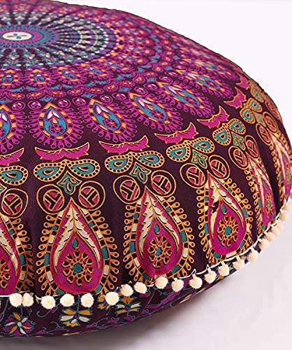 "Popular Handicrafts Floor Pillow Cushion Cover - Hippie Mandala Cushion Cover Large with Pom Poms Soft Particles - Pouf Cover Round Bohemian Yoga Decor, 22"" Magenta"