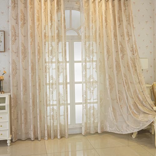 VOGOL Floral Sheer Curtains 84 Inches Long, European Style Damask-Inspired Voile Drapes for Dining Room, Soft Light Filtering Window Treatments, 2 Panels, 52 x 84 Inches, Beige