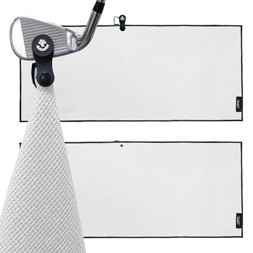 4Monster Golf Towels 2-Pack with Detachable Magnet and Portable Pouch, Quick-Dry Microfiber Golf Towel Set for Golf Bags,Custom Towel Gifts for Men or Women (2, White)
