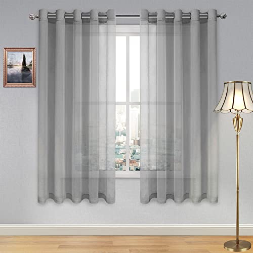 DWCN Semi Sheer Curtains, Grommet Top Window Curtains for Bedroom Living Room, Faux Linen Look Voile Transparent Solid Sheer Drapes Set of 2 Panels 60 x 63 Inches Long, Grey