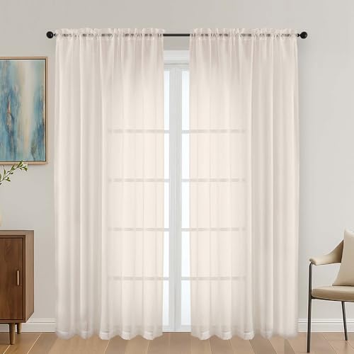 OVZME Cream Sheer Curtains 72 Inches Long 2 Panels Set, Light Filtering Sheer Curtains for Living Room Bedroom 59 Inch Extra Wide, Modern Voile Filmy Rod Pocket Window Drapes, 59Wx72L Inches