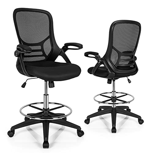CASART Mesh Drafting Chair, Ergonomic Office Chair with Lumbar Support & Flip-up Armrests, Height Adjustable Rolling Desk Chair for Home Office (Black, with Rocking Mode + Adjustable Footrest)