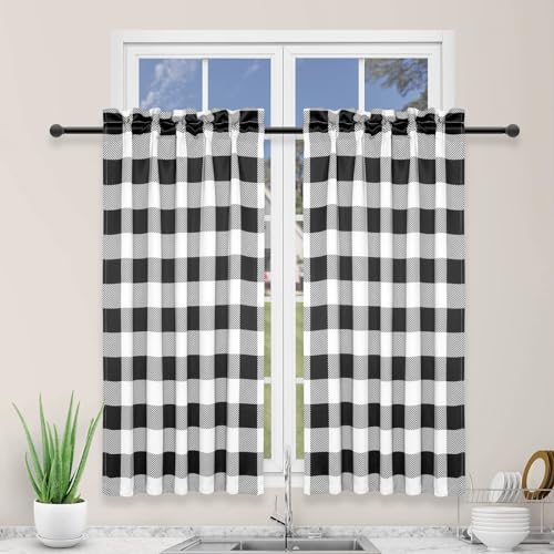 "Simple Deluxe Buffalo Check Kitchen Tier Curtains, Plaid Gingham Small Curtain Blackout Valances Window Treatment for Half Cafe Windows, 26"" W x 36"" L, Black and White"