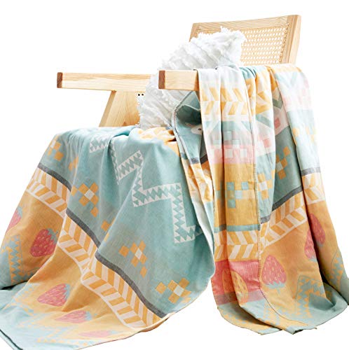 MEJU Boho Bunny Rabbit Green Muslin Lightweight Summer Strawberry Blanket Throw for Bed Sofa Couch, 100% Cotton 2 Layer Soft Warm Quick Dry Throw Blanket Bed Coverlet Sheet Full Queen 80 in X 90 in