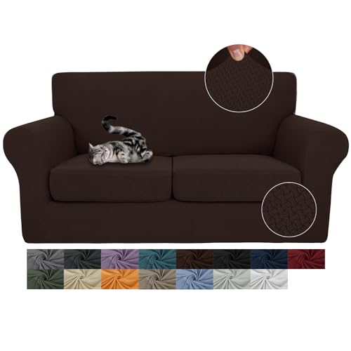 JIVINER 3 Pieces Stretch Couch Covers for 2 Cushion Couch Fitted Thick Loveseat Sofa Slipcover with 2 Seat Cushion Covers for Living Room Pet Dogs (Loveseat, Dark Coffee)