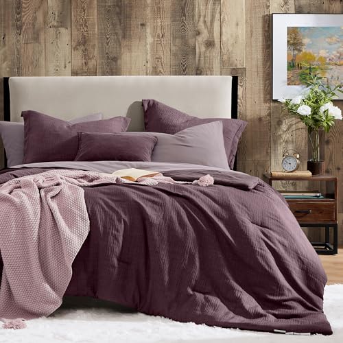 King Size Comforter Set - 7 Pieces Purple Bedding Set Textured Bed in a Bag - Farmhouse Bedding, Soft All Season Bed Set with Comforter, Sheets, Pillowcases & Shams