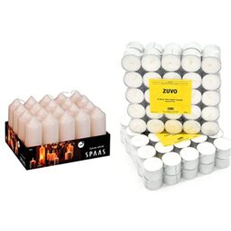 Spaas Tray of 20 Unscented Pillar Candles 40/110 mm, 13 Hours, Ivory & 8 Hour Tea Lights Candles (50 Pack) - White Long Lasting Tea Lights - Unscented - 3.8 x 2.3 cm, 8hr