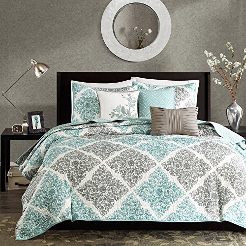 "Madison Park All Season, Breathable Coverlet Bedspread Lightweight Bedding Set, Matching Shams, Decorative Pillow, Polyester, Diamond Aqua, King/Cal King(104""x94"")"