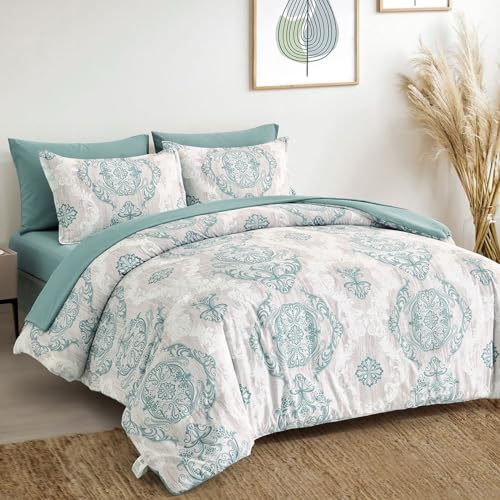 WONGS BEDDING Aqua Comforter Set Queen Size, Damask Texture 7 Pieces Bed in a Bag Microfiber Bohemian Comforter Bedding Sheet Set with Comforter, Flat Sheet, Fitted Sheet,Pillow Shams,Pillowcases