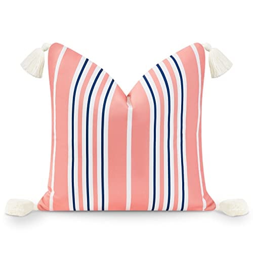 "Hofdeco Premium Coastal Patio Indoor Outdoor Throw Pillow Cover Only, 18""x18"" Water Resistant for Backyard, Couch, Coral Pink Navy Blue Stripe Tassel"