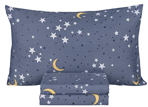 Scientific Sleep Moon & Stars Boys Girls 100% Cotton 3 Pcs Twin Bed Sheet Set Kids Toddler Teen, Flat Sheet & Fitted Sheet & Pillowcase Kids Bedding Set
