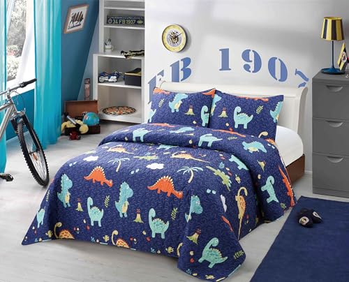 Kids Zone Collection Dinosaur Kids/Teens Bedding Set Navy Blue Quilt with Cute Dino Print Full/Queen New # Navy Dino