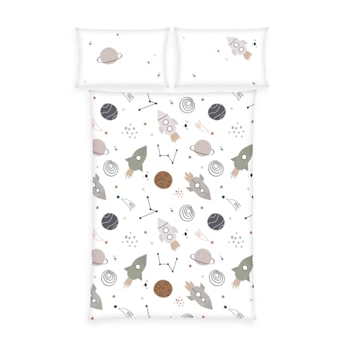 Herding Babybest Flannelette Bed Linen Set, Space, Pillowcase 40 x 60 cm with Hotel Fold, Duvet Cover 100 x 135 cm with Button Closure, Cotton, Flannel