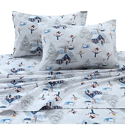 Tribeca Living 100% Cotton Flannel Sheet Set - Deep Pocket, 170-GSM, Ultra Soft & Cozy Bedding for Winter, King, Snowman Navy/Red