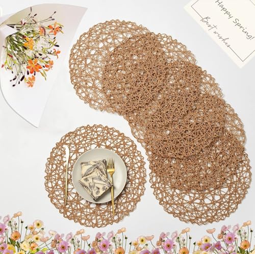 IcosaMro Brown Round Placemats for Dining Table Set of 6 Paper Placemats Non-Slip Woven Heat Resistant Circle Charger Place Mats Decor for Holiday Christmas Wedding Accent Centerpiece, 14.96 Inches