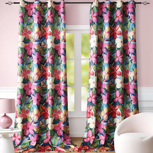 Tropical Blackout Curtains Heat Block 96 Inches Long for Living Room, Privacy Colorful Floral Curtains Hawaiian with Tiebacks, Bright Hot Pink Hibiscus Flower Window Drape Grommet 2 Panels, 52Wx96L