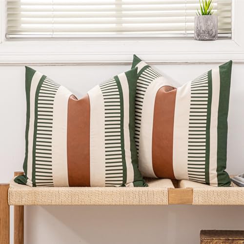 Vfuty 2 Pack 20x20 Pillow Covers - Brown Faux Leather & Olive Green Striped Soft Cotton, Same Pattern Both Sides - for Couch Sofa Bed, Farmhouse Industrial Decor