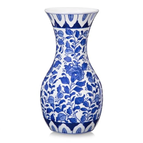 "Blue and White Ceramic Flower Vase 11"" Chinoiserie Vase Home Decor, Large - Hand-Painted Floral Motif, Triple-Fired Glazed Ceramic, Retro Chinoiserie Decor for Living Room Bookshelf Side Table"