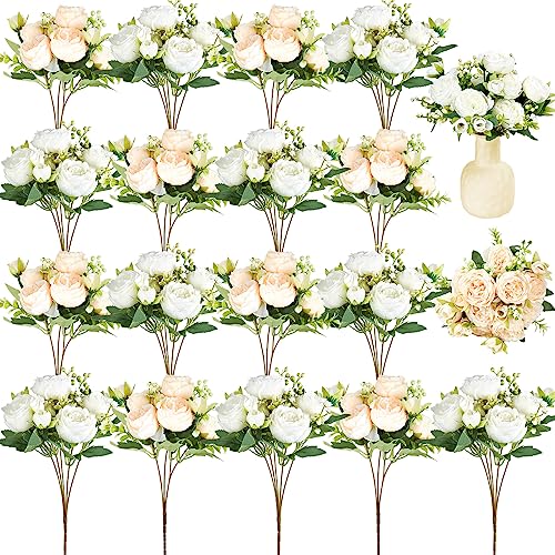 Jexine 24 Bundles Silk Artificial Peonies Flowers Faux Peony Bouquet Fake Peonies Artificial Flowers Bouquets for Vase Floral Arrangements Wedding Home Table Decoration (White,Champagne)
