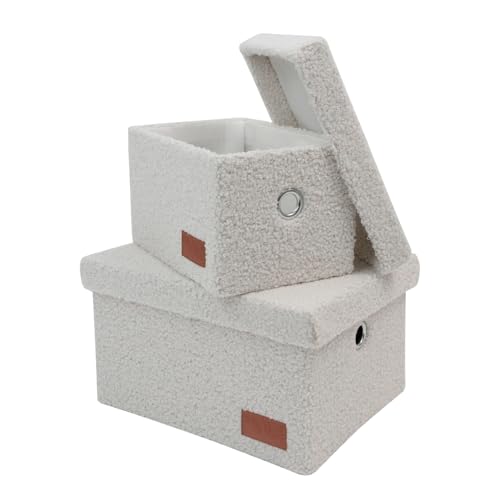 JVL Shiro Set of 2 Boucle Fabric Rectangular Storage Baskets with Lids, Practical Home Organisation, White