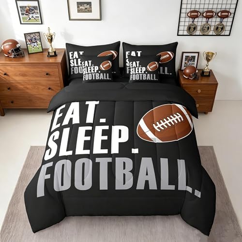 Feelyou Football Comforter Set with Sheets Queen Size Rugby Sports 7 Pieces Bedding Set for Kids Boys Girls Teens Black Sports Ball Game Bed in a Bag Gift for Football Lover Bed Set