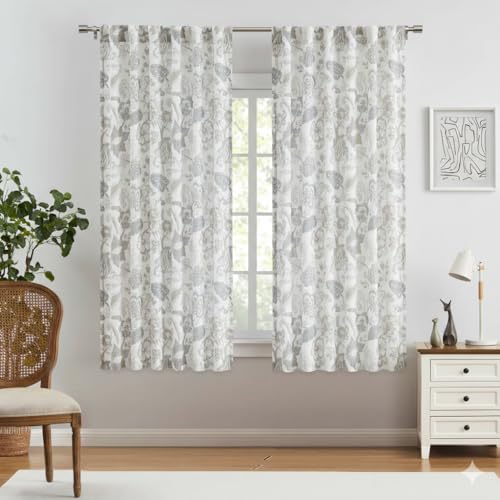 "Kayne Studio Botanical Cotton Curtain Panels Linen Grey Floral Leaf Print Farmhouse Linen Textured Drapes Light Filtering Window Treatment Sets Living Room Bedroom Rod Pocket Back Tab,52""x63"",2 Panels"