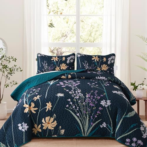"Dobuyly Floral Quilt Set Queen Size Dark Green Botanical Bedspread Coverlet Set 3 Pieces Soft Lightweight Microfiber Flower Quilt Bedding Set for All Season, 96""x90"""
