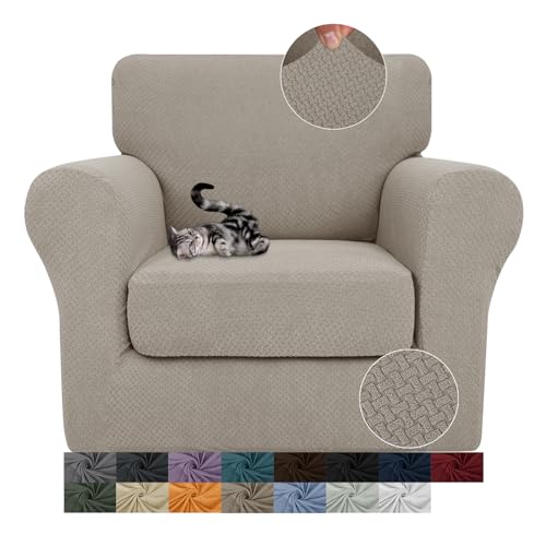 JIVINER 2 Pieces Armchair Covers for Living Room Stretch Chair Slipcovers with 1 Seat Cushion Covers Thick Fitted Couch Cover for Pet Dogs Furniture Protector (Small, Khaki)