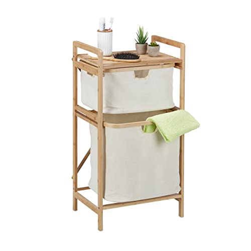 Relaxdays Bathroom Basket Shelf, Bamboo, Laundry Sorter 2 Compartments, HWD: 85 x 44 x 33 cm, Storage, Natural/Beige