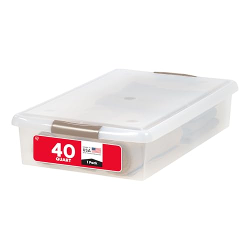 IRIS USA 40 Quart Underbed Store and Slide Storage Box-Tan Handle, Clear, L