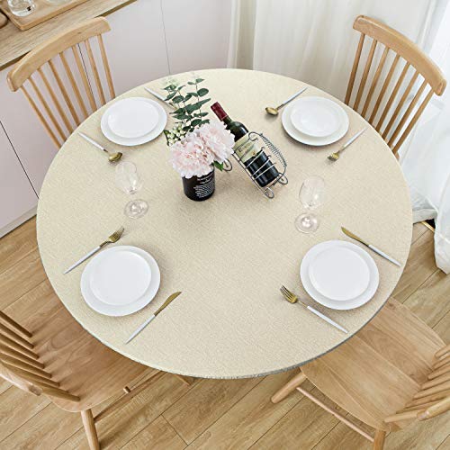 "NLMUVW Round Fitted Vinyl Tablecloth with Elastic Edge 100% Waterproof Oil Proof PVC Table Cloth Wipe Clean Table Cover for Indoor and Outdoor, Champagne, 45""- 56"""