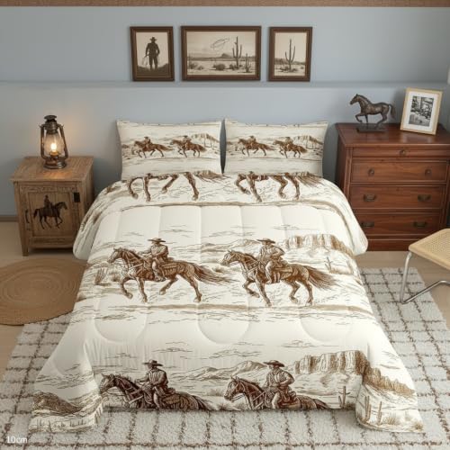 Erosebridal Western Comforter Set Full Size Cowboy Bedding Set American Wild West Desert Hand Drawn Illustration Down Comforter Country Theme Bedroom Decor Duvet Set for Boys Men Teens