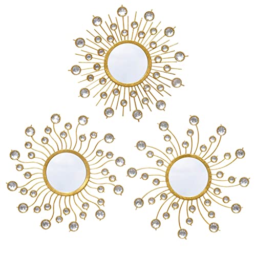 Wotieuns Mirror Wall Decor Set of 3 Sunburst Boho Gold Mirror Wall Art Metal Decor Mirror Hanging Living Room Bedroom Bathroom 9.25 inches x 9.25 inches