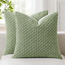 Kevin Textile 2 Packs Decorative Throw Pillow Covers 18x18 Inch for Living Room Couch Bed Sofa, Soft Striped Corduroy Square Cushion Case 45x45 cm, Farmhouse Boho Home Decor, Sage Green