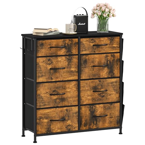 DWVO Chest of Drawers with 8 Drawers, Fabric Chest Drawers with Side Pocket&Hooks,Easy Pull Handle,Sturdy Steel Frame for Bedroom,Living Room,Rustic Brown