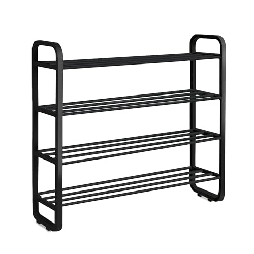 KEPLIN Multifunctional 4 Tier Shoe Rack & Storage Shelf - Easy Assembly, Space Saving, Durable, Curved Design, Iron Pipe & Plastic for Home, Kitchen, Bedroom, Hallway Organisation (Black)