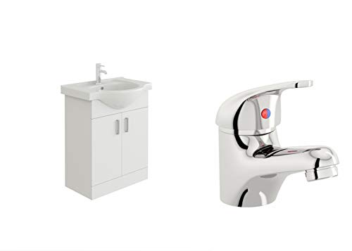 VeeBath Linx 650 Vanity Unit with Ceramic Wash Basin Sink and Mono Mixer Tap, Floor Standing, Soft Close Doors Bathroom Storage Cabinet- White (Flat Pack)