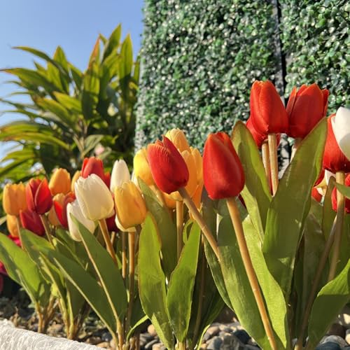 Shyshining Artificial Fake Flowers Tulip for Outdoor Decoration,UV Resistant Faux Plastic Fabric Greenery Shrubs Plants Fake Flowers Hanging Planter Kitchen Home Garden Wedding Decor(Orange White)
